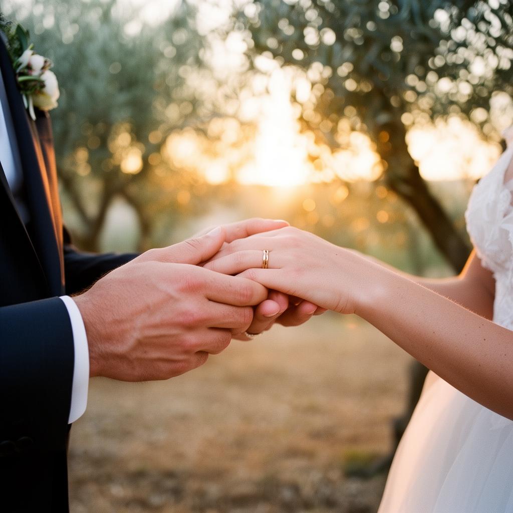 A couple holding hands in warm evening light